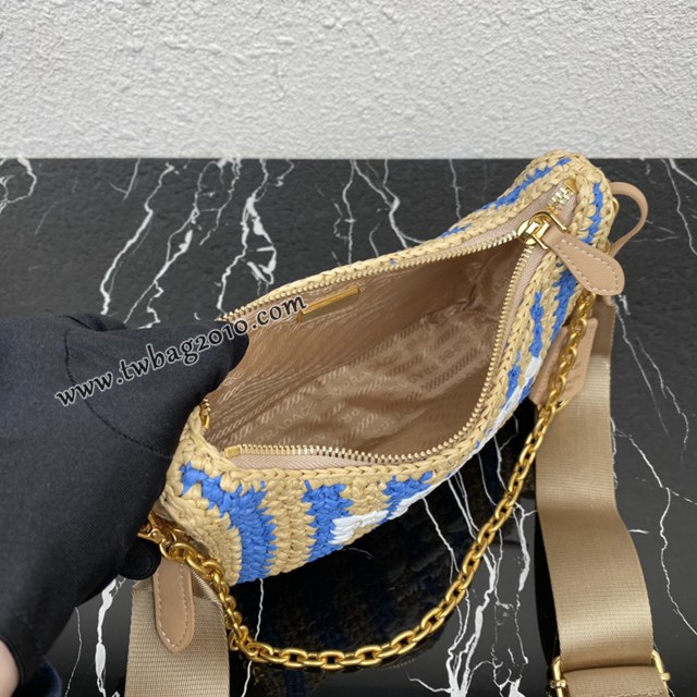 Prada專櫃新款拉菲草三合一女包 1BH204 普拉達純手工編織條紋系列肩背斜挎包 csp1573